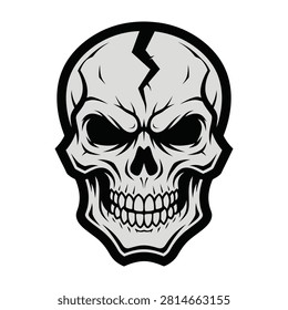 Closeup of a smiling evil skull with cracked head and menacing expression isolated on white background