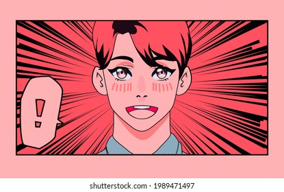 A close-up of a smiling pink-haired anime character. Pop art comic style illustration. 