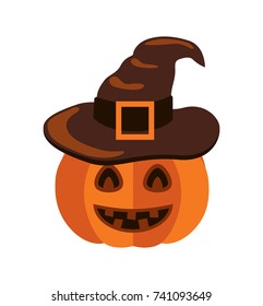 Closeup of smiling pumpkin with carved mouth and eyes, wearing witch hat, image represented on vector illustration isolated on white