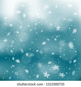 Closeup snowfall on dark sky backdrop. Winter holiday Christmas background. Big and small snowflakes falling from clouds