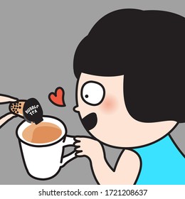 Closeup Of Someone Serving Bubble Milk Tea From A Capsule Into A Girl’s White Ceramic Cup Concept Card Character illustration