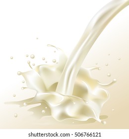 Closeup splash of milk on a white background. Gradient mesh realistic vector illustration.