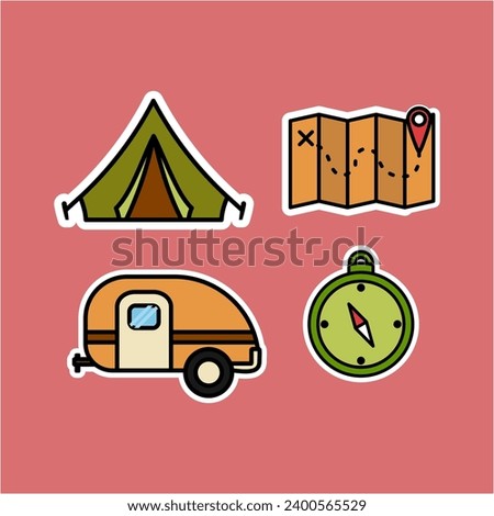 A close-up of stickers with a camper, compass, and map. Perfect for travel blogs, outdoor adventure websites, or vacation-themed designs. Great for adding a touch of wanderlust to your projects.