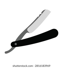 Closeup of a straight razor with a black handle on a white background, shaving tool