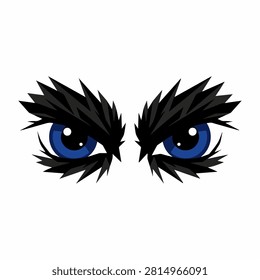 Close-up of striking blue eyes with thick, bold eyebrows and dramatic eyelashes, emphasizing intense gaze and expressive facial features.