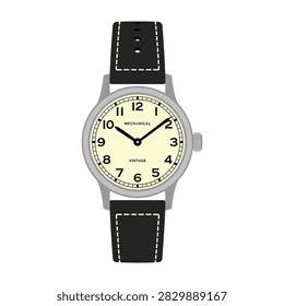 Close-up of a stylish analog watch with black leather strap and cream face