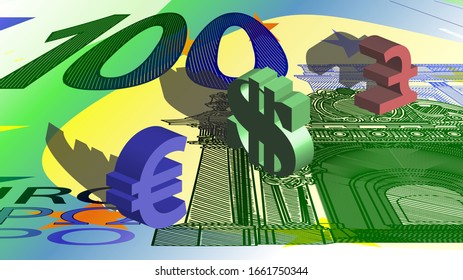 Close-up stylistic fragment of a banknote of the European Union 100 euros and signs of world currencies with shadows EPS10