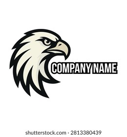 Close-up of a stylized eagle head with sharp gaze and company name text on white background