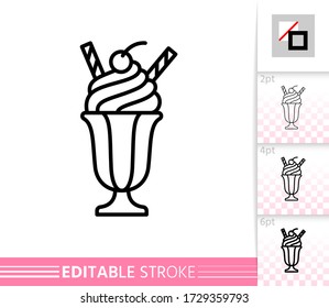 closeup Sundae ice cream roll with wafer rolls and cherry in glass bowl. single sign fruit icecream whipped cream black line icon. vanilla sweet dessert. Vector illustration isolated on white