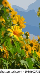 Closeup sunflower in sunflower field (Vector illustration)