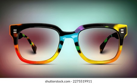 Closeup of sunglasses in multicolored spectacle frame. Vector eps 10 illustration. Contains mesh background