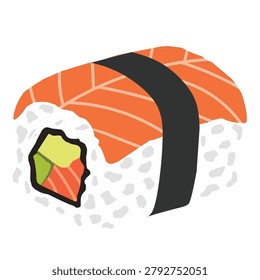 Close-up of a sushi roll with salmon, avocado, and cucumber, wrapped in seaweed, on a white textured surface, highlighting fresh ingredients and vibrant colors.