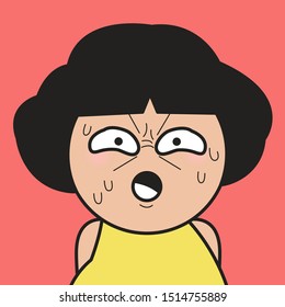 Closeup Sweating Nervous Girl With Stunned Facial Expression Concept Card Character illustration