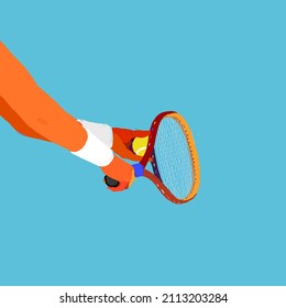 Close-up of a tennis player's hand isolated on blue background. The tennis player is preparing to serve the ball. The concept of the game. Vector hand drawn illustration