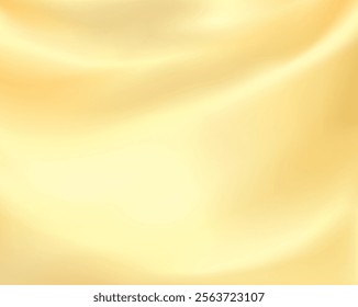 Close-up texture of smooth golden silk material. Shiny gold background with smooth texture of fabric.  Textile pattern.  Vector 3D illustration.