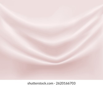 Close-up texture of smooth pink silk material. Shiny cream background with smooth texture of fabric folds. Textile pattern.
