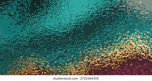 Primer plano de una superficie texturizada con un gradiente de colores verde azulado, dorado y rojo intenso.