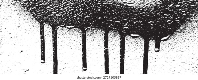Close-up of thick black paint or tar dripping down a rough white surface, forming textured streaks and drops.