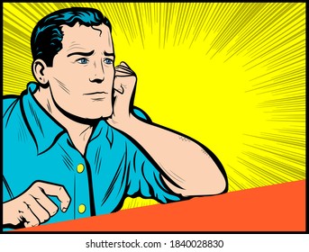 Close-Up Of Thoughtful Mature Man Looking Away with his hand on his cheek. Finger tapping. Vector illustration in retro comic book style. Vector pop art background