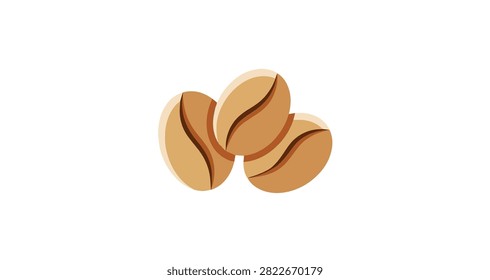 closeup of three brown coffee beans with smooth curved shapes isolated on white background for coffee related designs