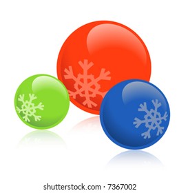 Close-up of three isolated Christmas-tree decorations on white background (Vector)