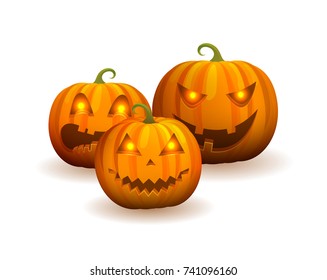 Closeup of three jack-o-lanterns with creepy carved smile and glowing eyes, icons represented on vector illustration isolated on white