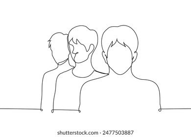 close-up of three men standing in a row behind each other - one line art vector. concept men's queue, male target audience. Handmade vector not AI