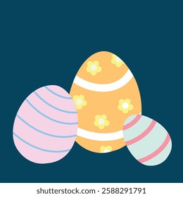 A close-up of three pastel-colored Easter eggs on a dark blue background. Great for greeting cards, banners, and festive decorations.	
