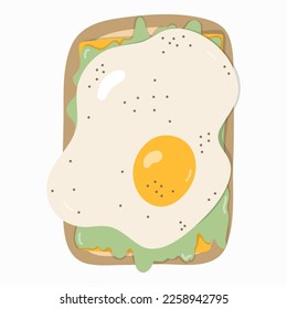 Closeup toast with fried egg, slices of cheese, salad, pepper. American trendy breakfast with popular products. Vector hand drawn sandwich clipart in naive style. Cute illustration. Concept of meal.