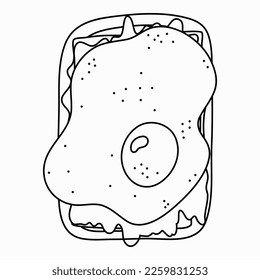 Closeup toast with fried egg, slices of cheese, salad, pepper. American trendy breakfast with popular products. Vector hand drawn sandwich clipart in naive style. Cute doodle. Concept of meal.