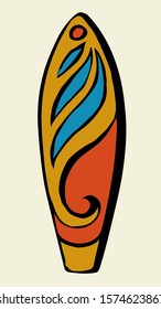 Closeup top view big old wood serf tee line shape set light backdrop. Outline bright color hand drawn aloha sun t male logo emblem pattern design modern art doodle engrave print style paper text space