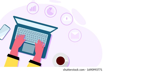 Closeup and top view hands of human working on laptop with icon of business on abstract violet shape and white background. All in flat style and banner design with space for texts.