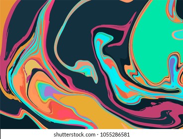 Close-up top view of marbleized paint texture making colorful swirl and vortex on dark grey surface using ebru technique. Abstract vector background. 