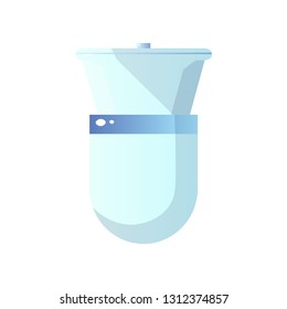 Close-up top view of white ceramic toilet with bowl and closed toilet lid isolated on white background.