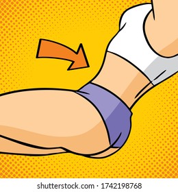 Close-up torso of women with arrow showing muscles. Fitness exercises. Fitness exercise for torso, butt, waist, press. Concept of a healthy lifestyle.