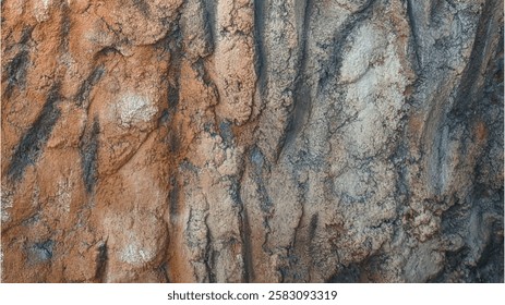 a close-up of a tree bark texture with deep grooves and rough, cracked surfaces. The bark has an organic, rugged appearance with a mix of earthy tones, including shades of brown, orange, and gray.