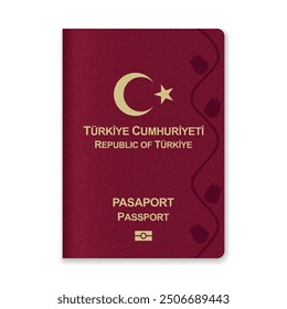 Close-up of a Turkey passport cover featuring gold text and emblem on maroon background.