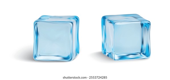 Close-up of two clear, blue-tinged ice cubes with smooth edges and detailed texture, isolated on a white background. 3d water ice cube piece vector illustration