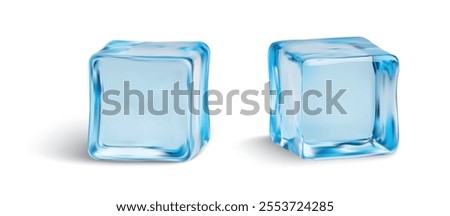 Close-up of two clear, blue-tinged ice cubes with smooth edges and detailed texture, isolated on a white background. 3d water ice cube piece vector illustration