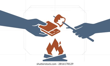 Close-up of two hands holding a roasting stick with a marshmallow over a fire in flat two-color silhouette vector ideal for marshmallow roasting content