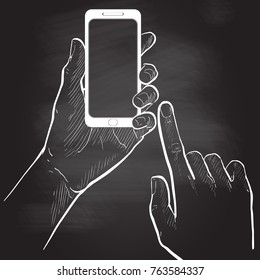 close-up two hands holding and touching smart phone. Mock-up blank screen. Hand holding virtual business card, credit card or blank paper.