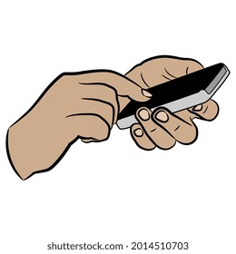 Closeup of two human hands holding cellphone. Mobile communication icon. Cartoon style. Isolated vector illustration.