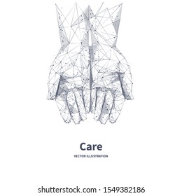 A closeup of two polygonal human hands. Top view.  Isolated vector low poly wireframe illustration on white background. Abstract care concept. Template with connected dots, lines and triangle shapes.