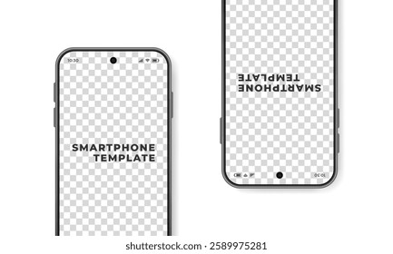 Close-up of two smartphones lying on a surface, one of them is upside down, vector illustration. Mobile phone mockup with blank transparent screen.