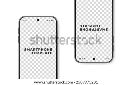 Close-up of two smartphones lying on a surface, one of them is upside down, vector illustration. Mobile phone mockup with blank transparent screen.