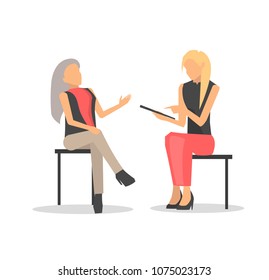 Closeup Of Two Women Discussing Something, One Is Taking Interview And Attentively Listens To Another Person, Vector Illustration Isolated On White