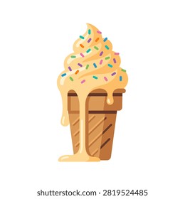 A close-up of a vanilla soft-serve ice cream cone with colorful sprinkles, melting and dripping down the waffle cone.