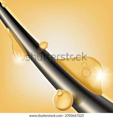 Close-up vector 3D realistic illustration of a hair strand being repaired. Golden serum or keratin oil drops nourishing the hair. Ideal for hair care product advertising or medical infographics.