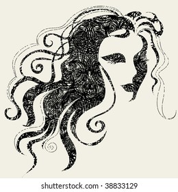 Closeup vector grunge decorative vintage woman with beautiful hair