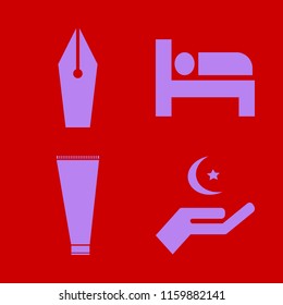 closeup vector icons set. with bed, cream tube, hand islam sign and fountain pen in set